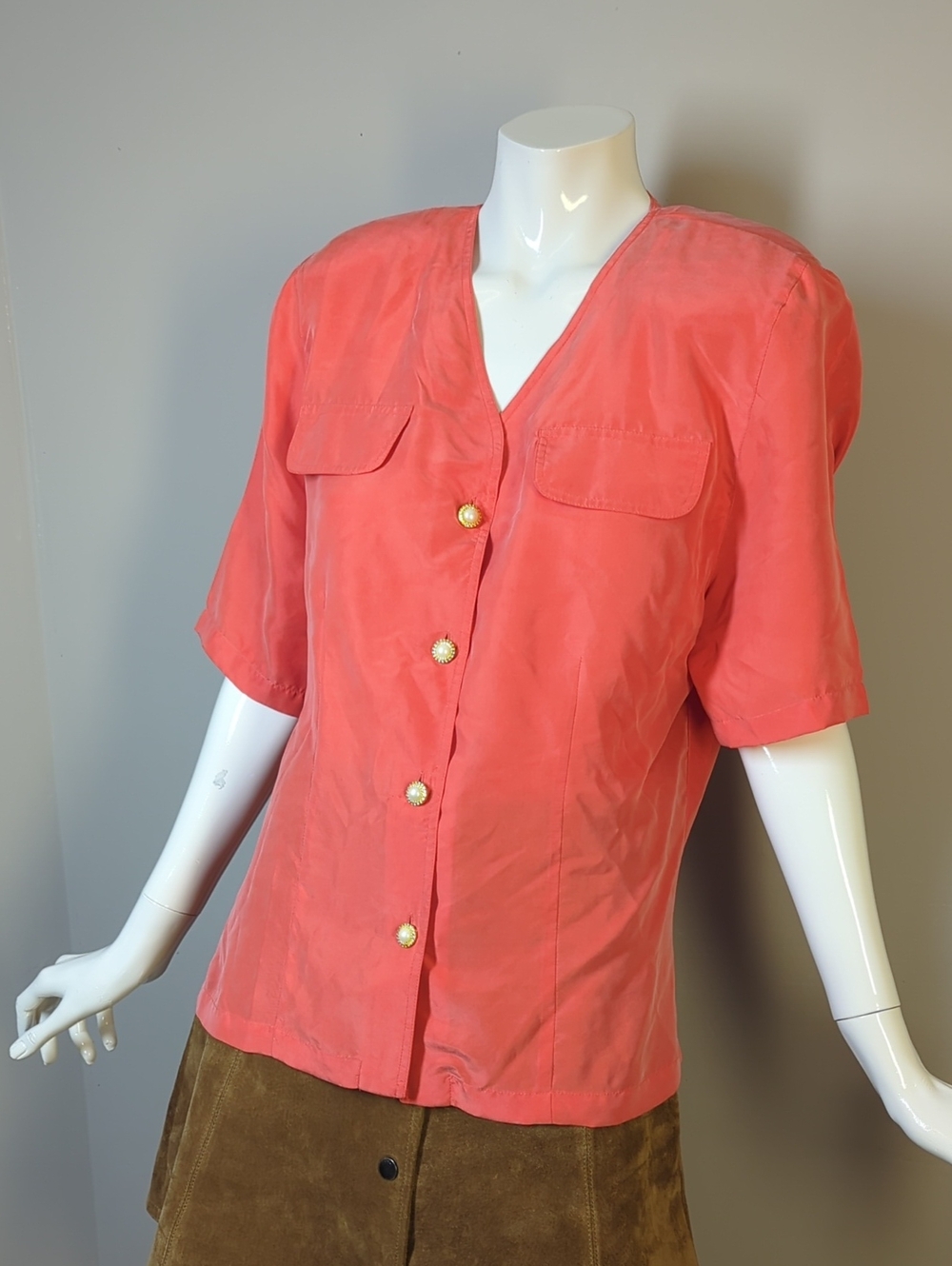 Vintage Silk Coral Short-Sleeve Button Front Women's Top M